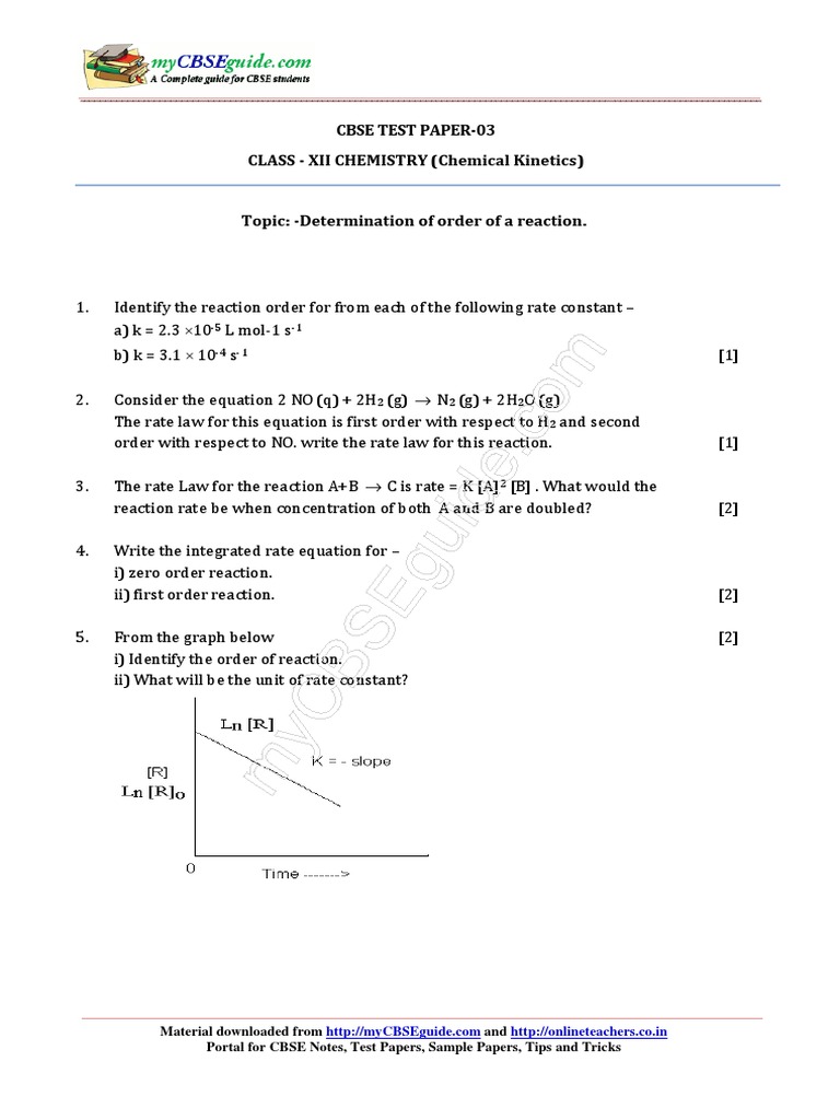 Cbse Test Paper 03 Class Xii Chemistry Chemical Kinetics Pdf