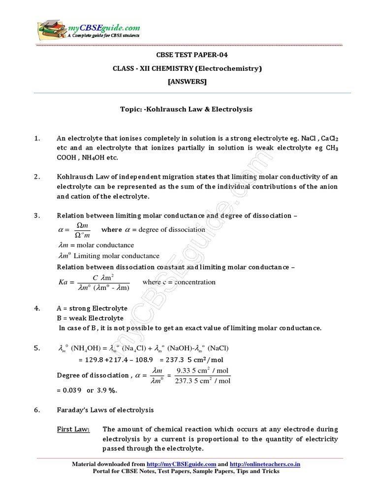Cbse Test Paper04 CLASS XII CHEMISTRY (Electrochemistry) (Answers