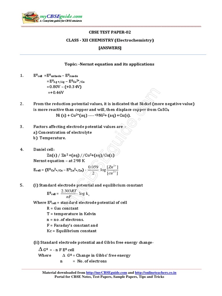 12 Chemistry Electrochemistry Test 02 Answer 0l9x PDF PDF