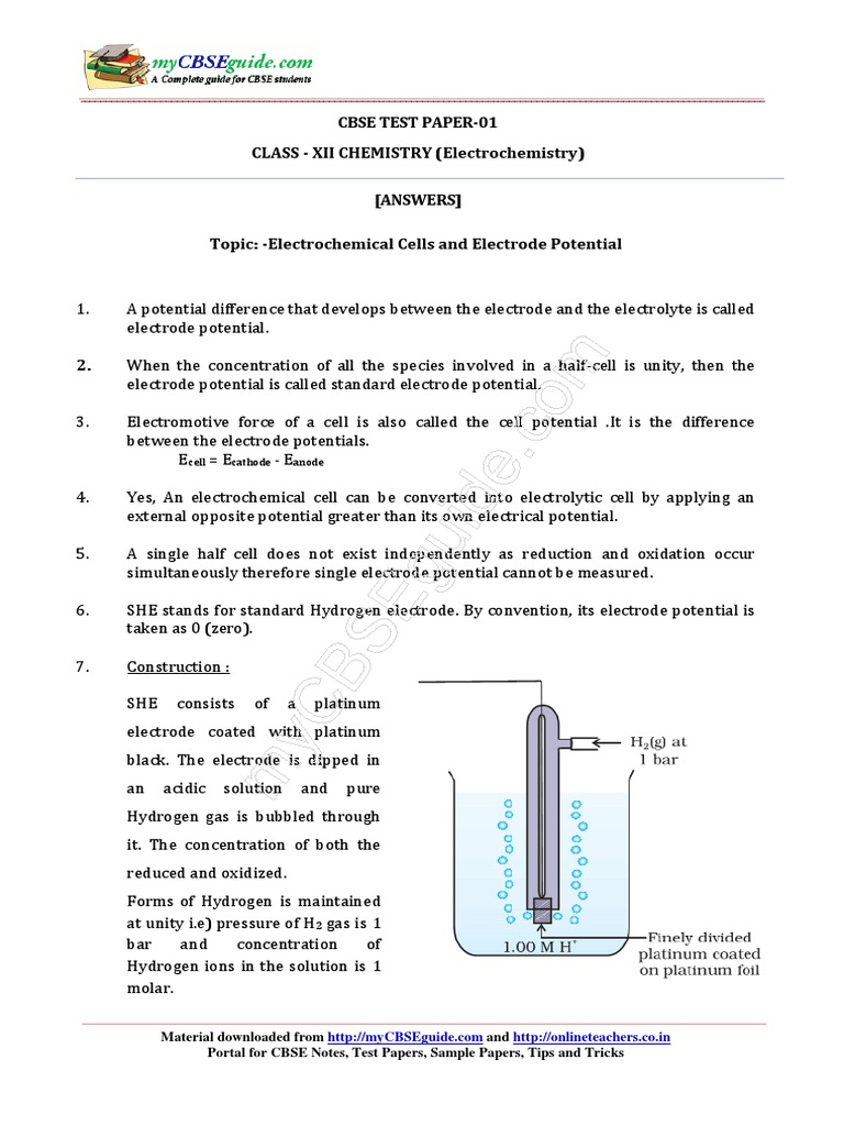 Cbse Test Paper01 CLASS XII CHEMISTRY (Electrochemistry) Cell