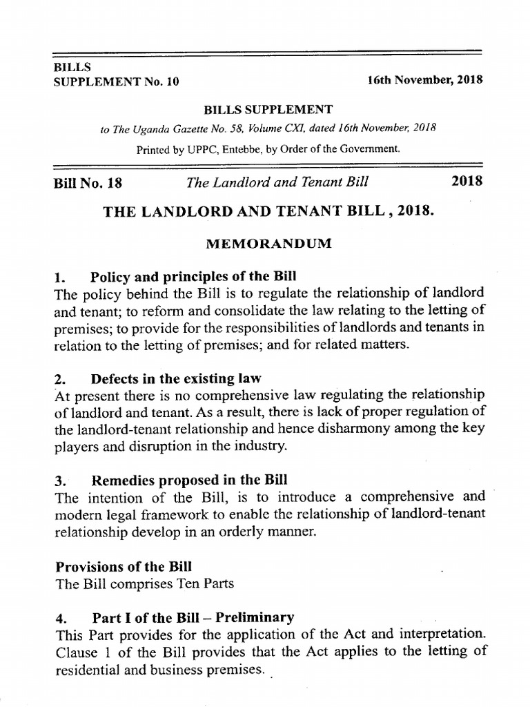 Uganda The Landlord And Tenant Bill 2018