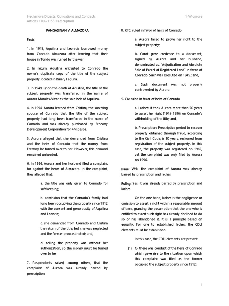 Hechanova Digests Obligations and Contracts 1Wigmore Articles 1106