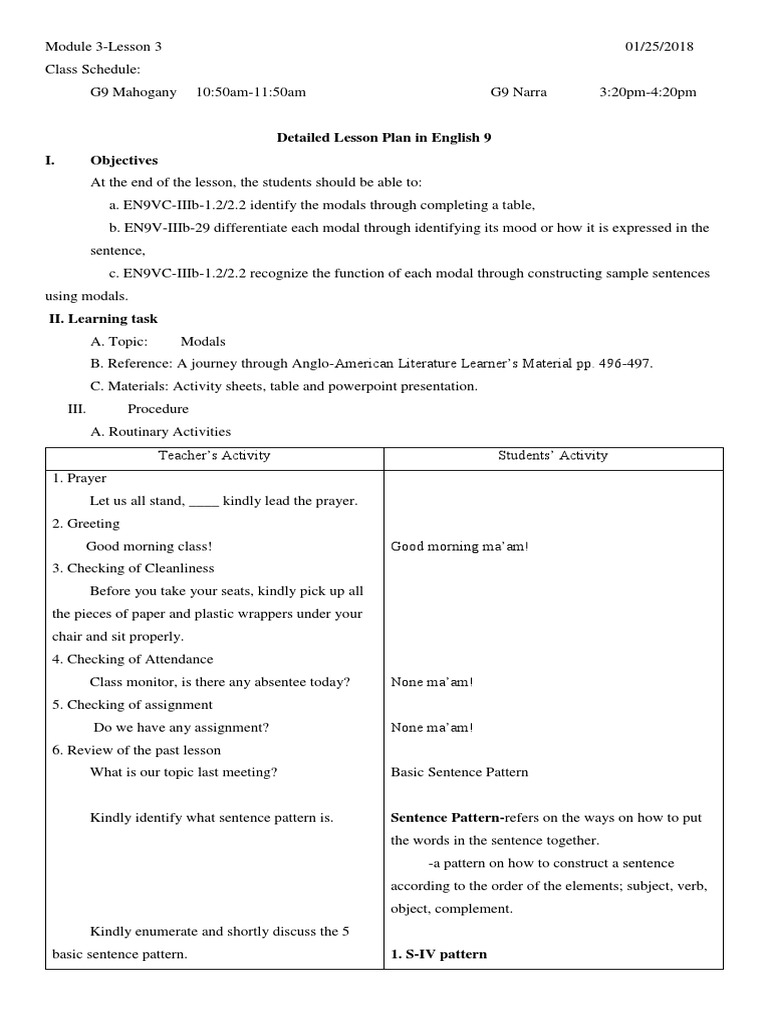 Detailed Lesson Plan in English 9 I. Objectives | PDF | Verb | Object ...