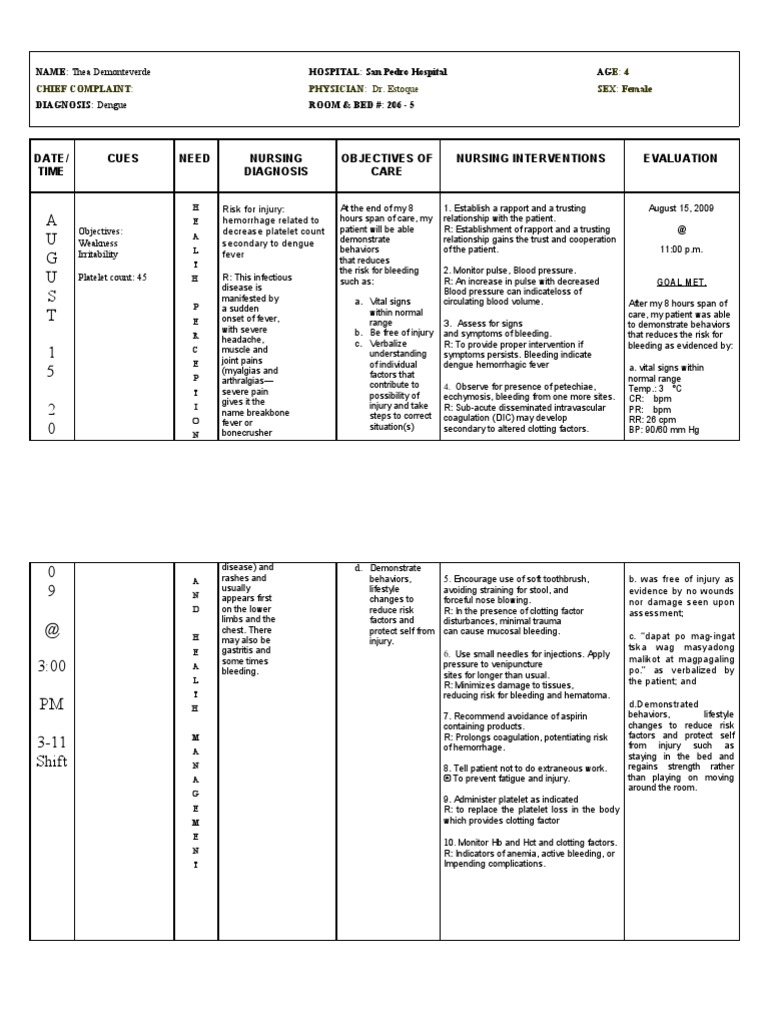 Risk For Injury Dengue | PDF | Bleeding | Human Diseases And Disorders