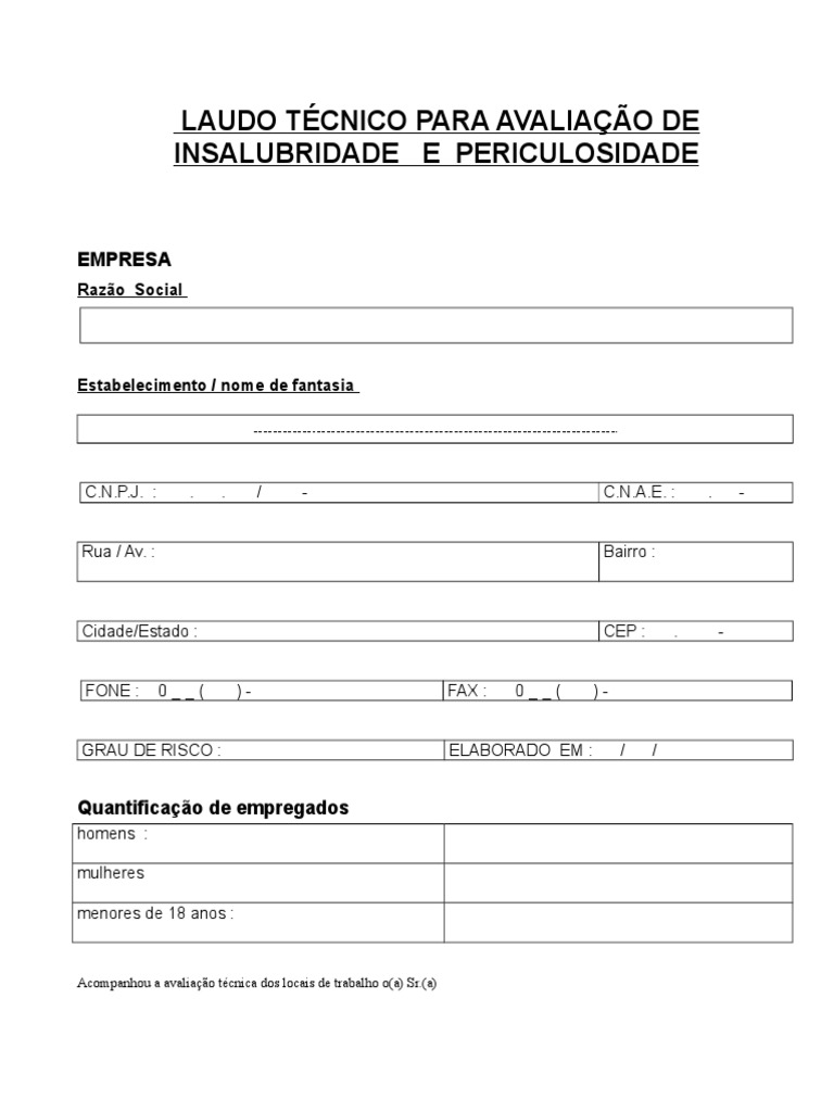 Laudo Técnico Para Avaliação De Insalubridade E Periculosidade ...