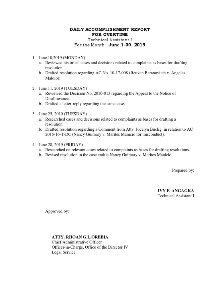 June 2019 Overtime Accomplishment Report | PDF