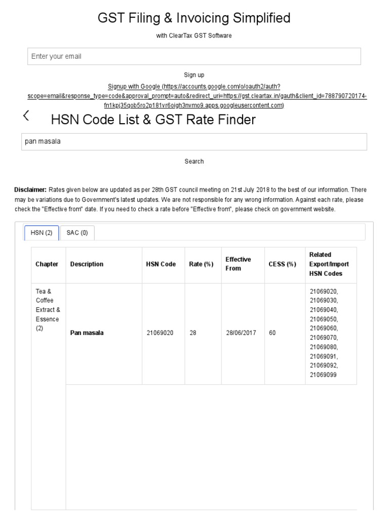 HSN Code Pan Masala PDF Taxes Government Finances