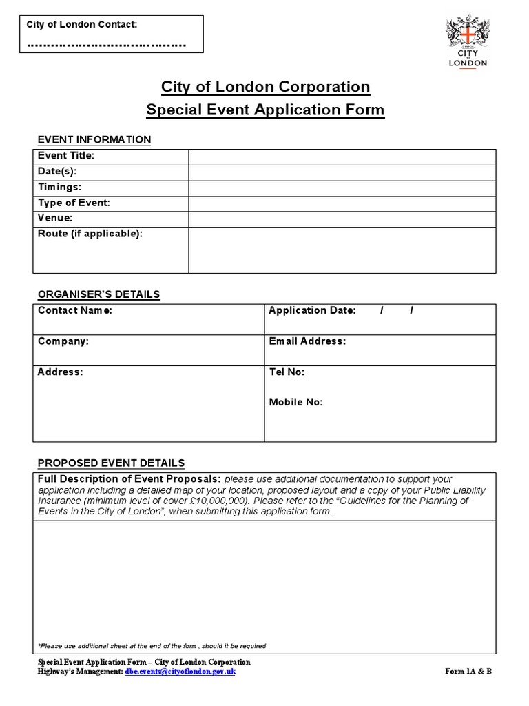Special Event Application Form 2018 Indemnity Insurance