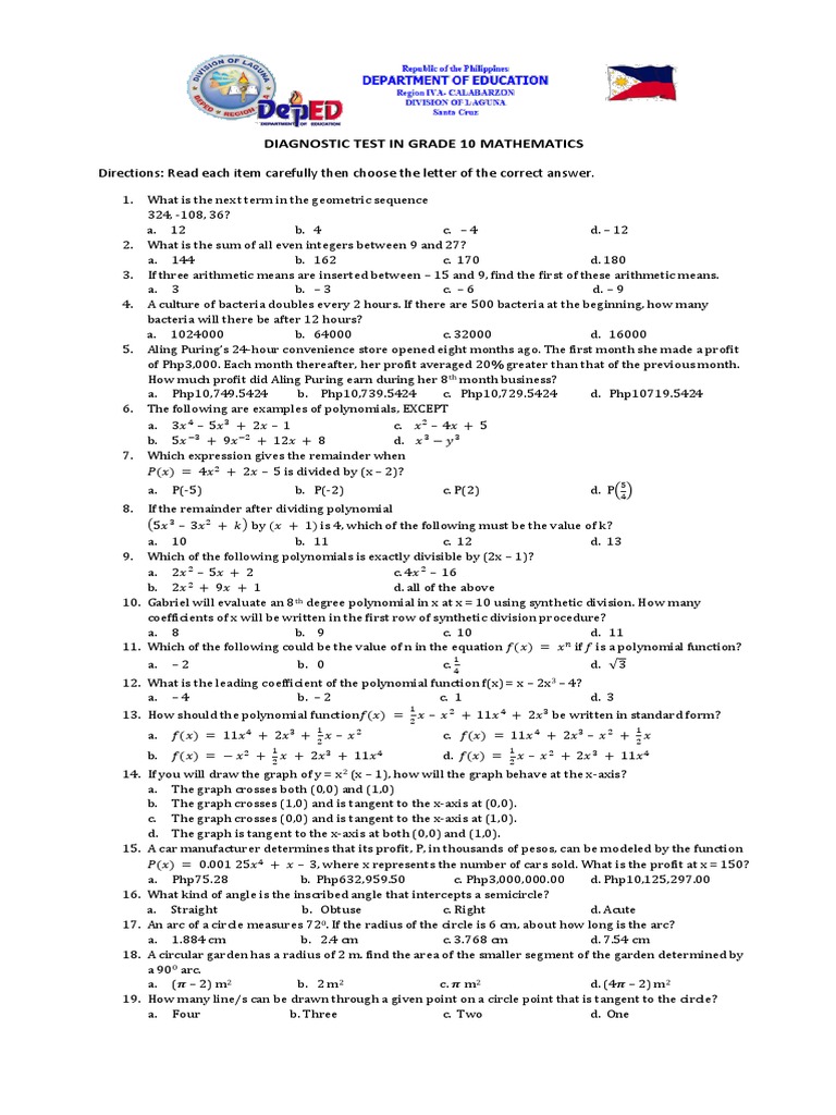 Grade 10 Math Diagnostic Test 2024 | PDF | Circle | Angle