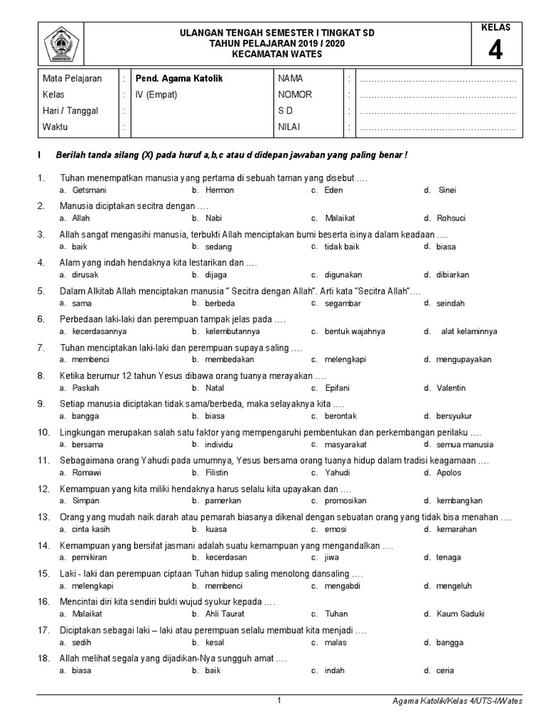 Soal Agama Katolik Kelas 4 Sd