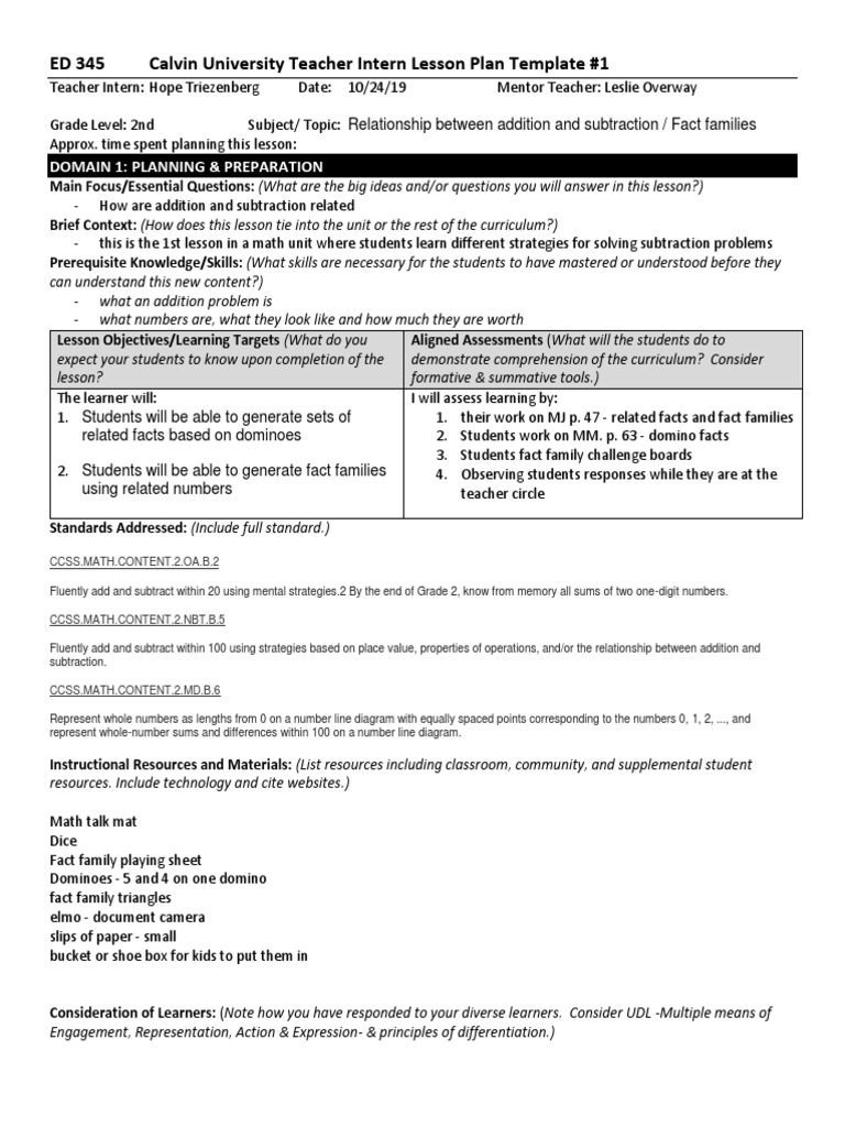 ED 345 Calvin University Teacher Intern Lesson Plan Template #1 | PDF ...