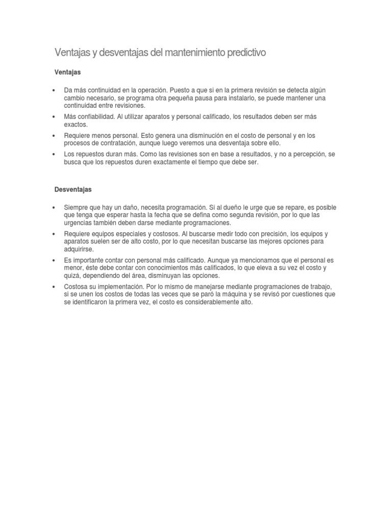 Ventajas y Desventajas Del Mantenimiento Predictivo