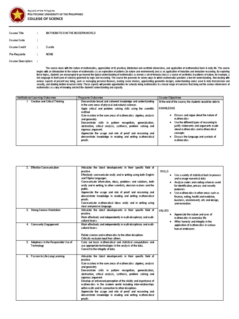 MMW Sample OBE Syllabus Revised | PDF | Mathematical Proof | Teaching ...