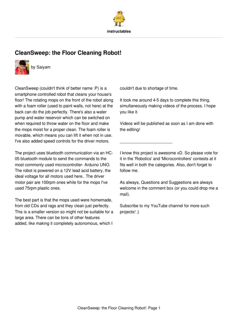 CleanSweep The Floor Cleaning Robot PDF Arduino Electronics