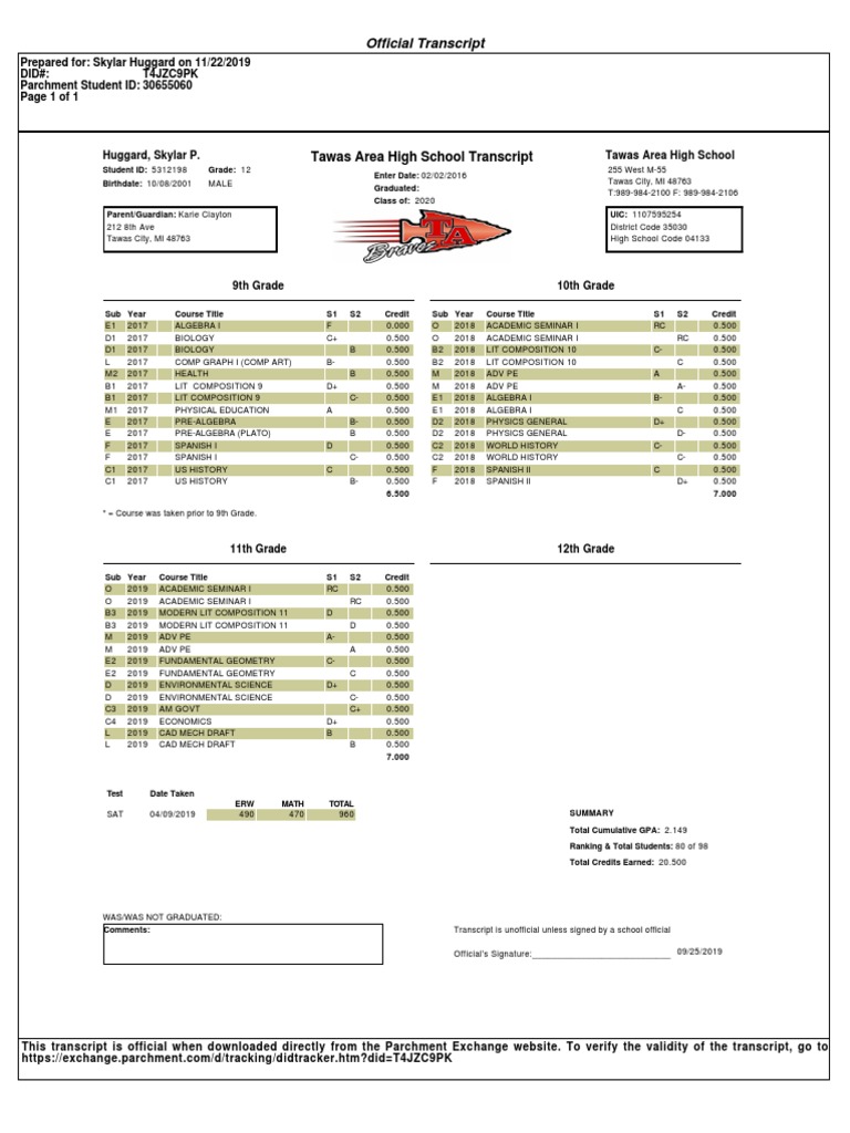 Official High School Transcript Sample | PDF | Secondary Education ...