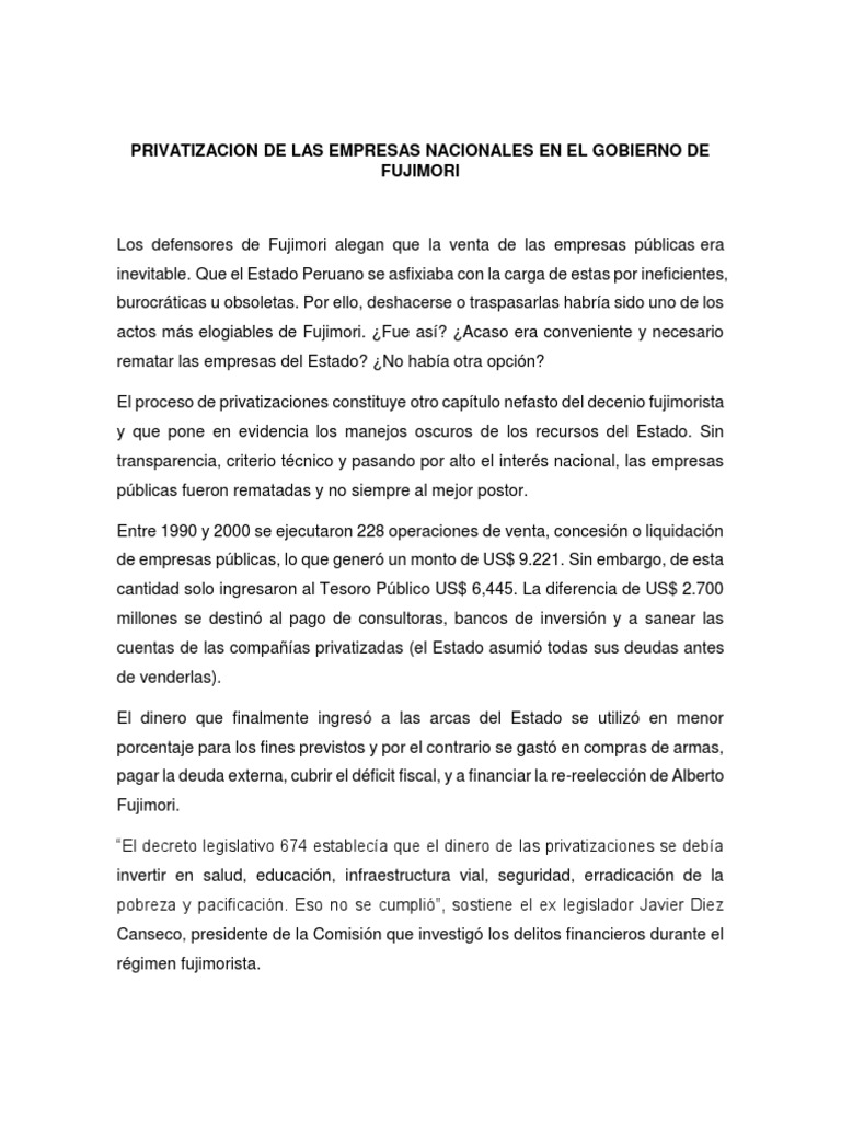 Privatizacion de Empresas en El Gobierno de Fujimori | PDF ...
