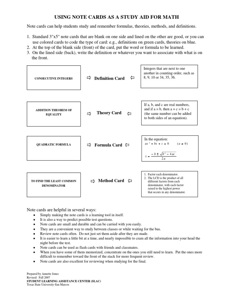 Using Note Cards As A Study Aid For Math: Theory Card | Download Free ...