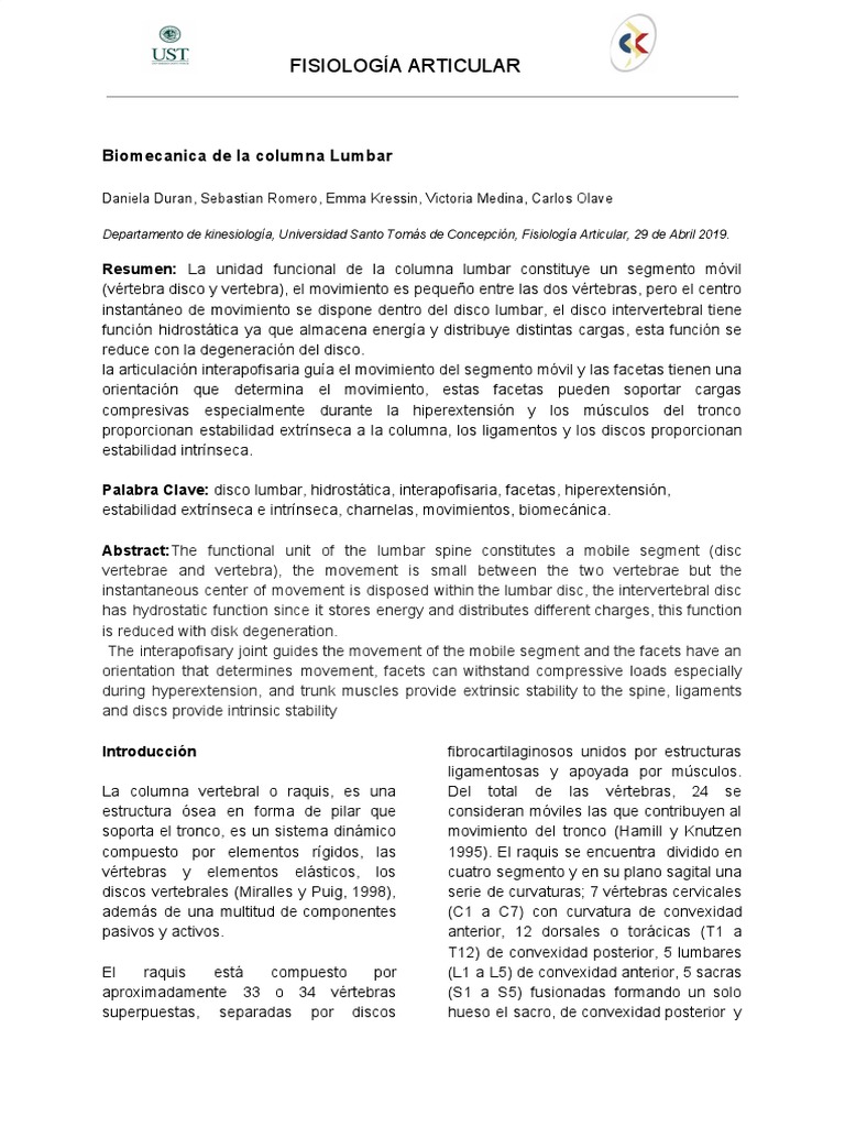Biomecánica de la Columna Lumbar | PDF | La columna vertebral | Sistema ...