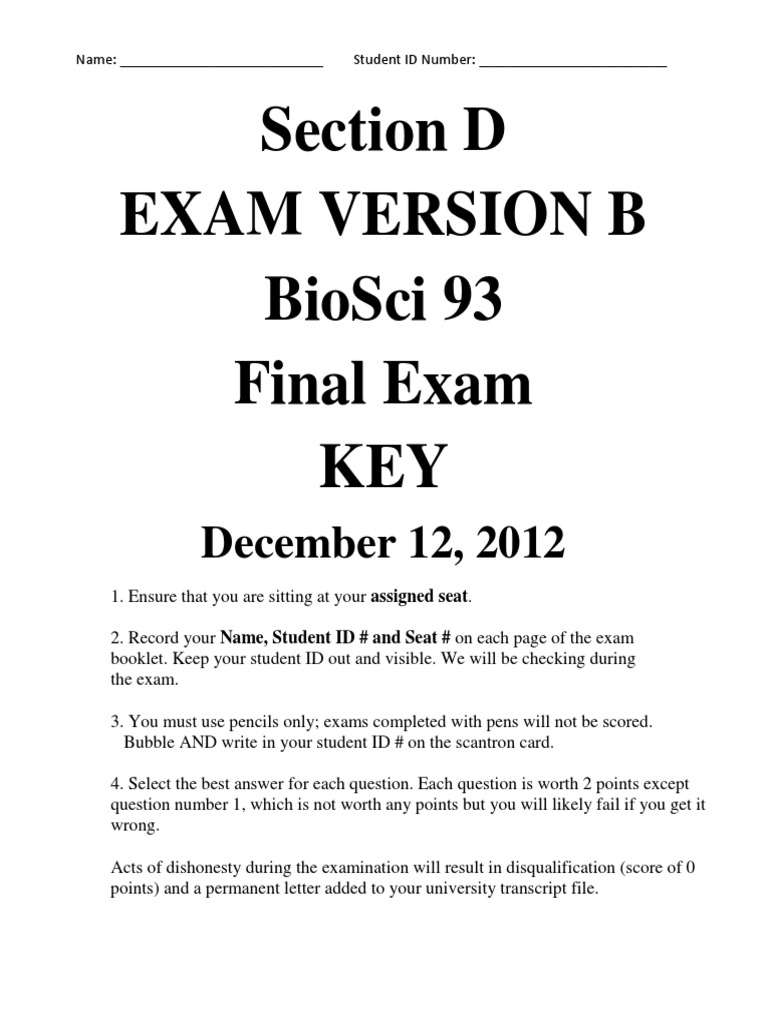 2012 Bio 93 Final Exam Lecture D Version B KEY PDF | PDF | Translation ...