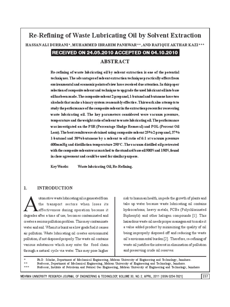 Solvent Extraction of Waste Oil | PDF | Petroleum | Distillation