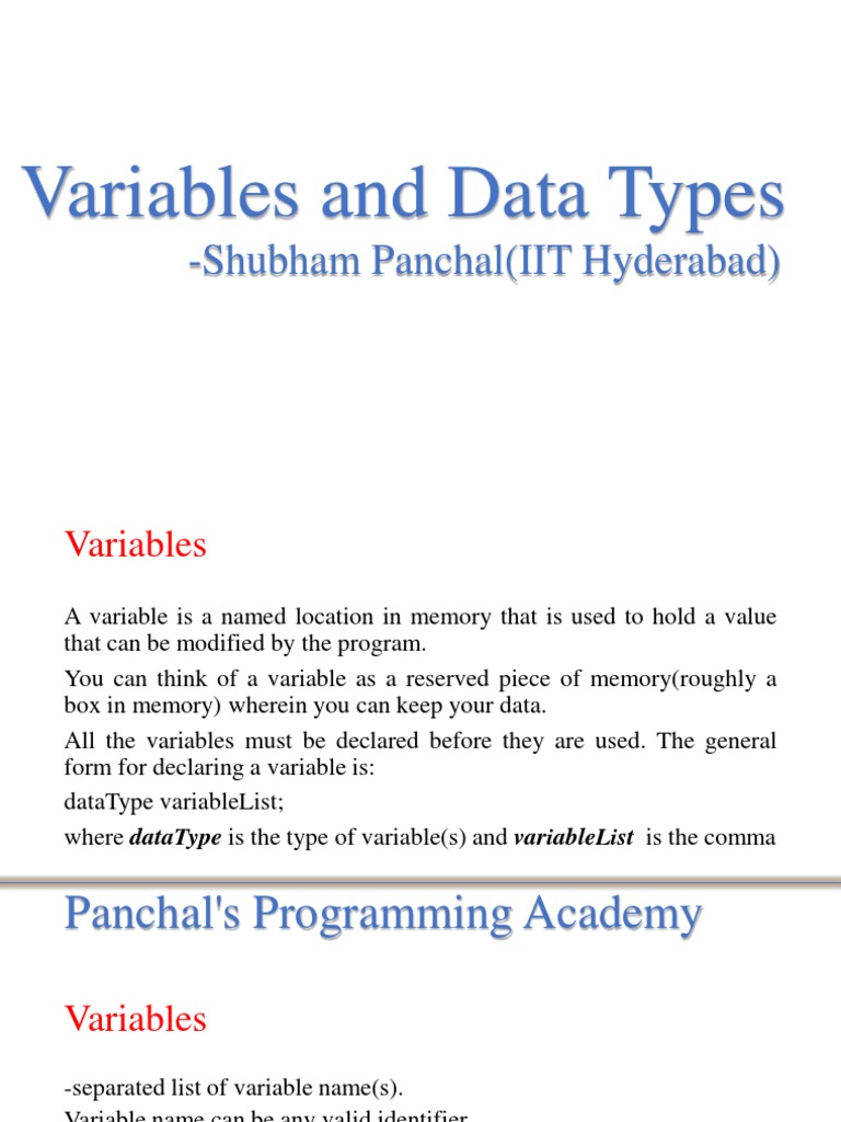 Variables and Data Types: - Shubham Panchal (IIT Hyderabad) | PDF ...