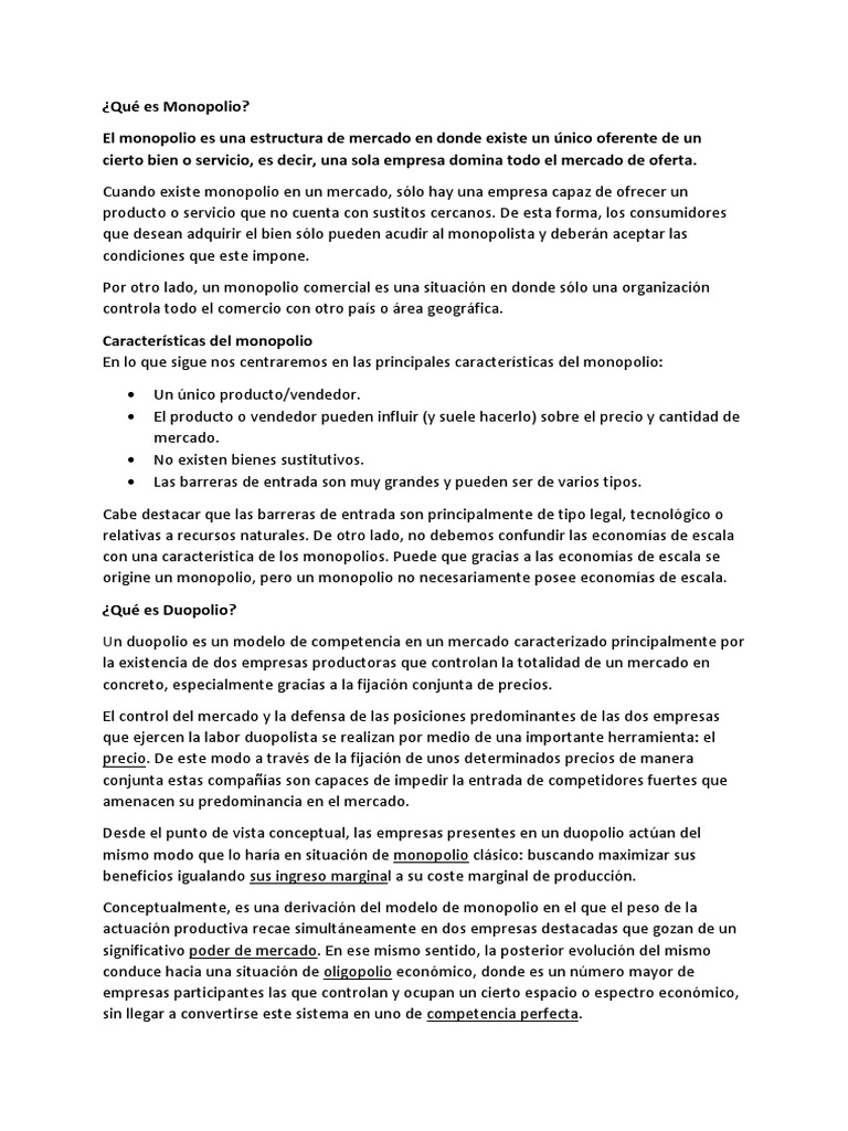 Monopolio Duopolio Oligopolio PDF Monopolio Oligopolio