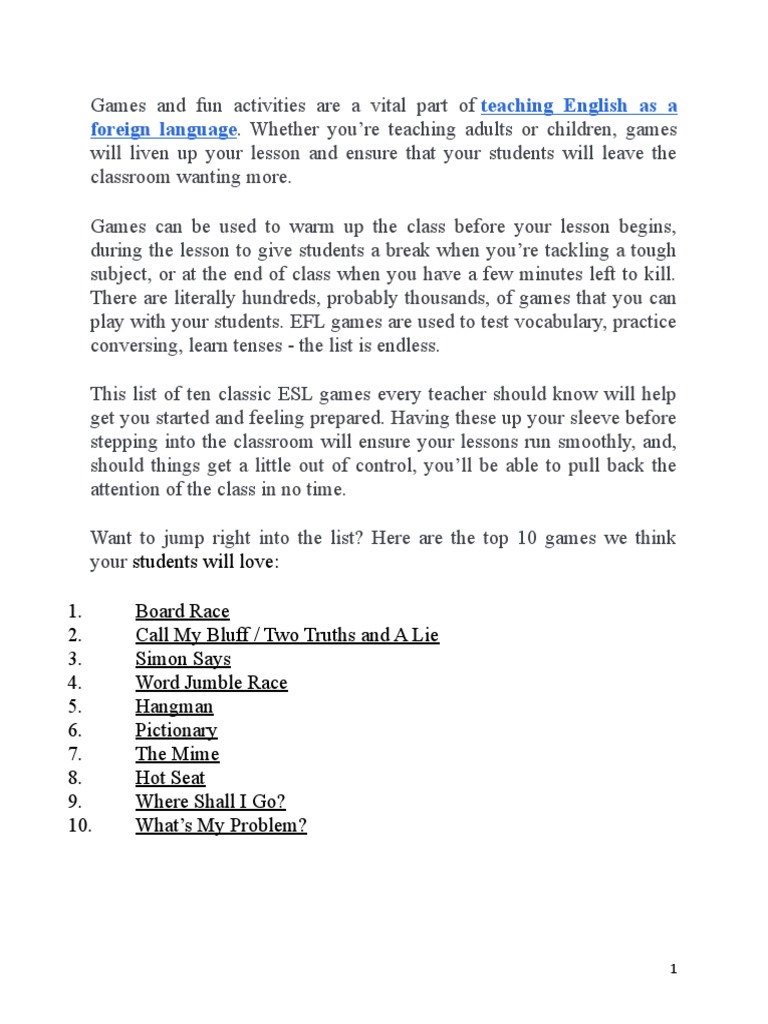 Top 10 Fun ESL Games for Kids | PDF | Leadership | Teaching Method