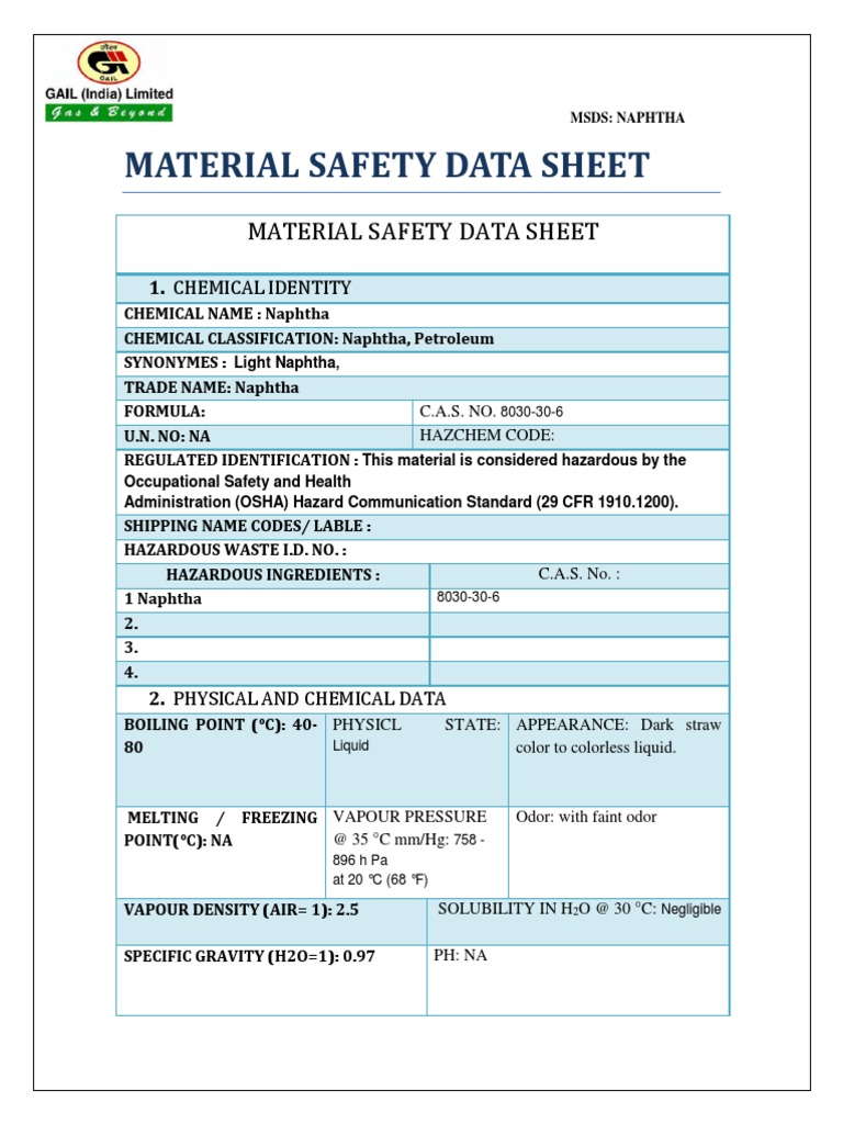 Msds Naphtha PDF Sodium Fires