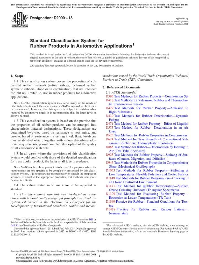 D2000-2018 Standard Classification System For Rubber Products in ...