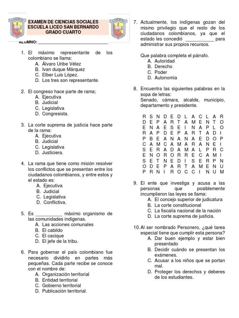 Examen de Sociales para Cuarto Grado | PDF | Alcalde | Gobierno local