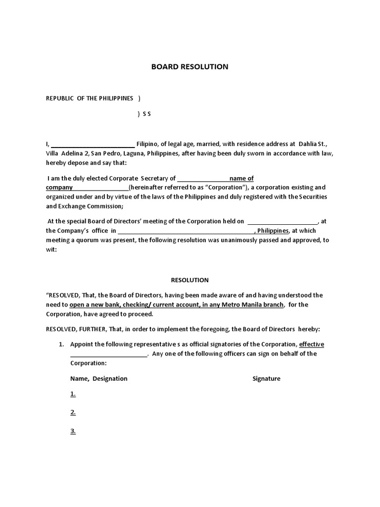 Bank Board Resolution PDF