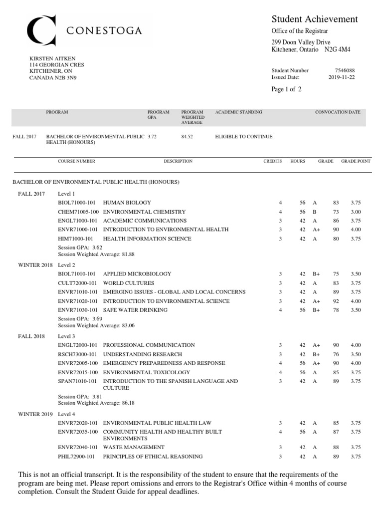 Environmental Public Health Transcript | PDF | Course Credit | Public ...
