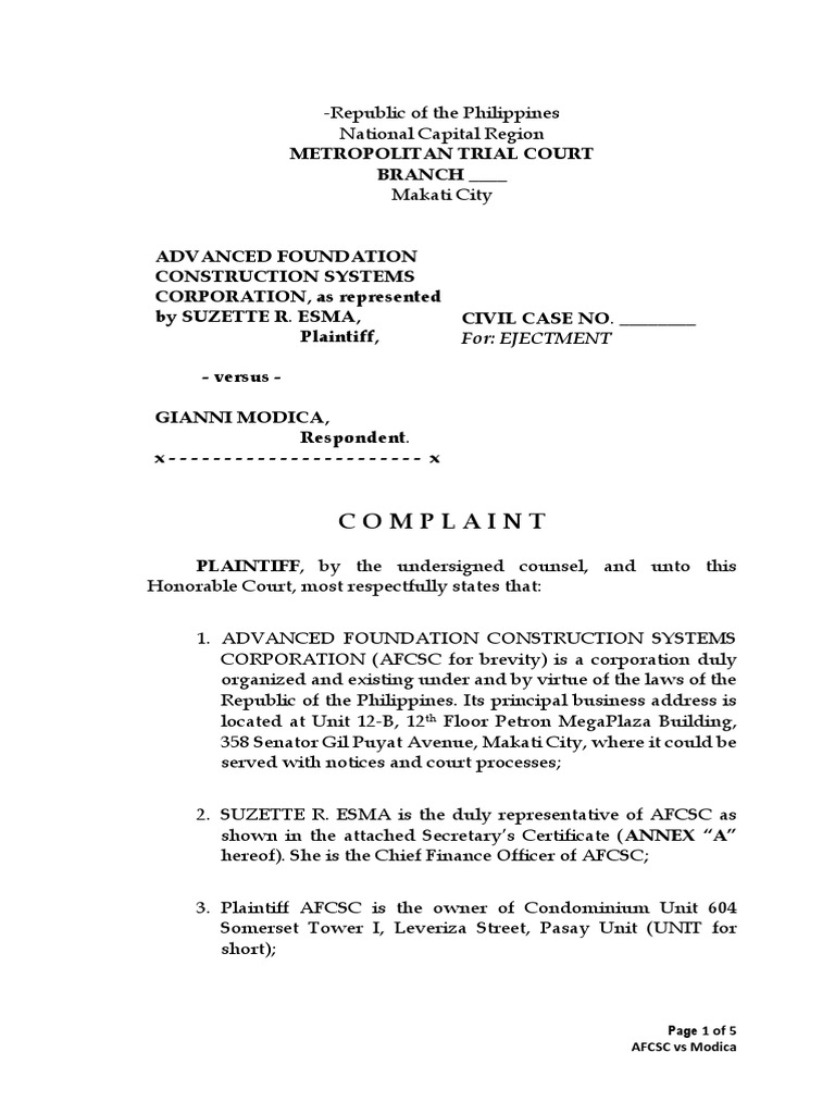 Ejectment Case: AFCSC vs Modica | PDF | Complaint | Lawsuit