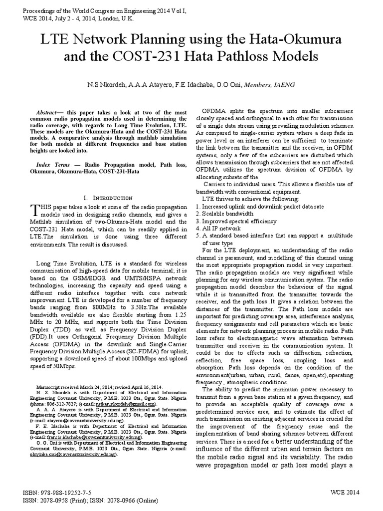 LTE Network Planning Using The Hata-Okumura and The COST-231 Hata ...