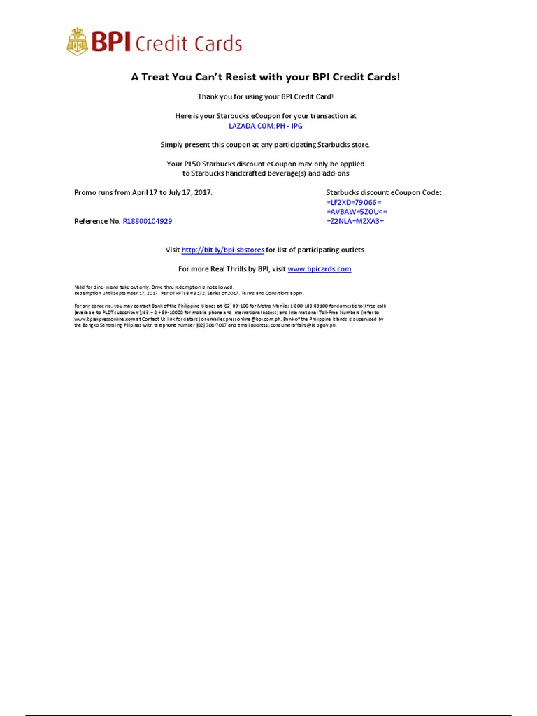 BPI Credit Card Starbucks Promo eCoupon | PDF | Coupon | Telecommunications