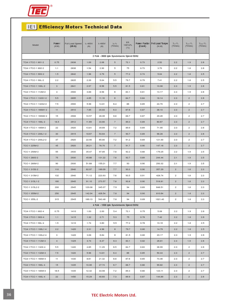 IE1 Efficiency Motors Technical Data TEC Electric Motors LTD PDF