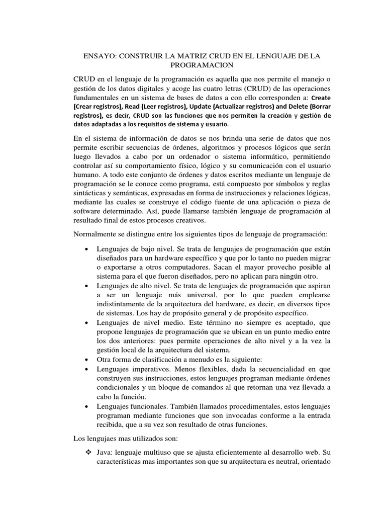 Guía para Construir una Matriz CRUD | PDF | Lenguaje de programación ...
