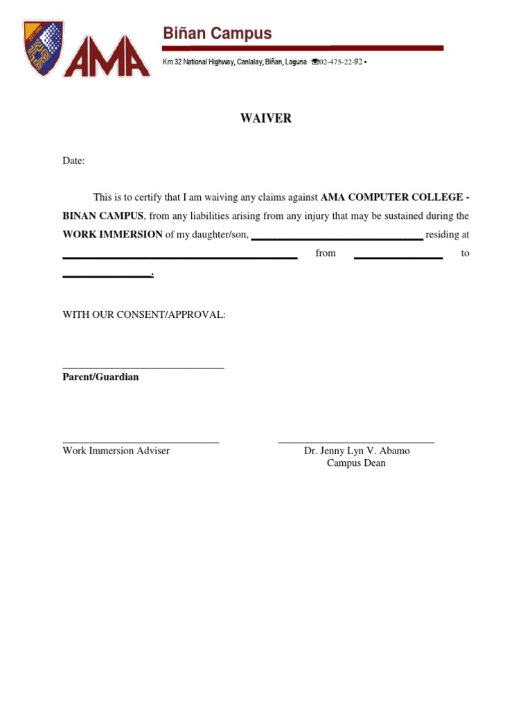 Work Immersion Liability Waiver Form | PDF
