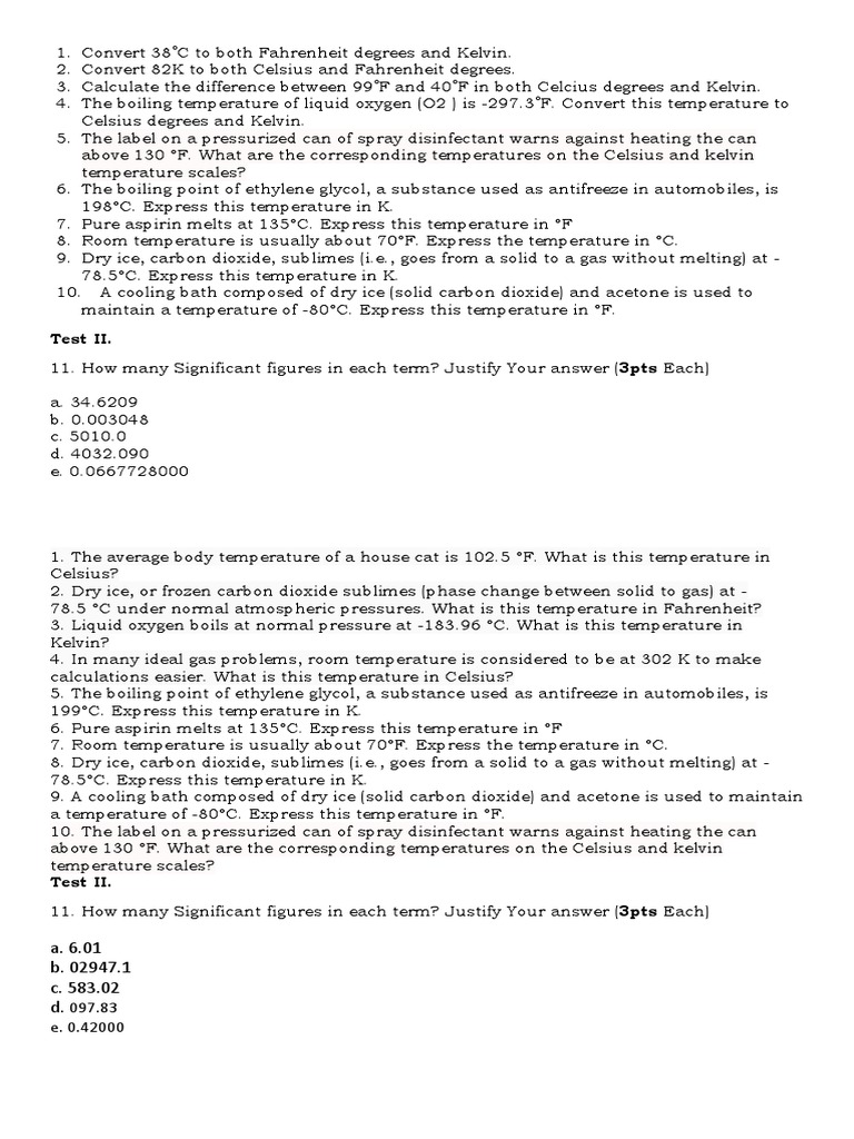 Temperature Quiz With Out Answer PDF Fahrenheit Temperature