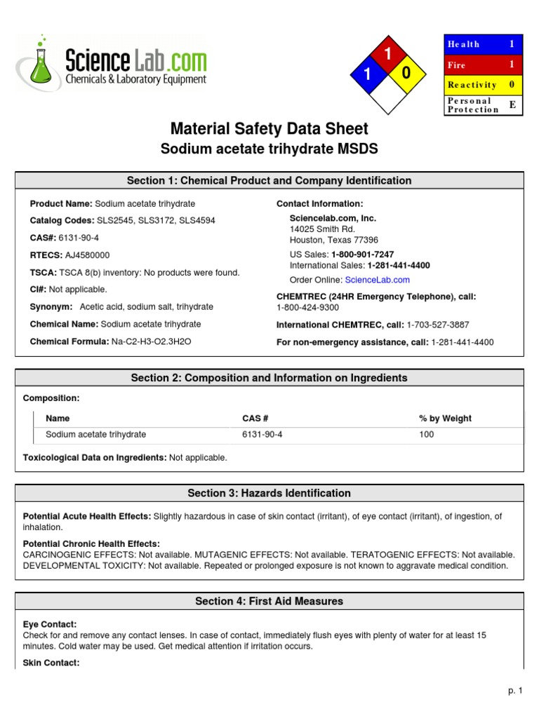 MsdsSodium Acetate Trihydrate Solubility Toxicity