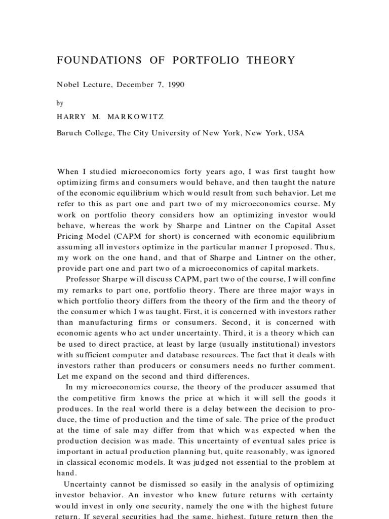 Foundations of Portfolio Theory: Harrym - Markowitz | PDF
