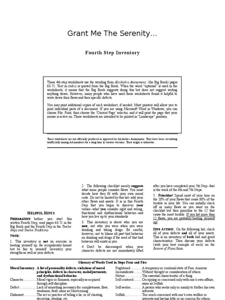 4th Step Worksheets Alcoholics Anonymous