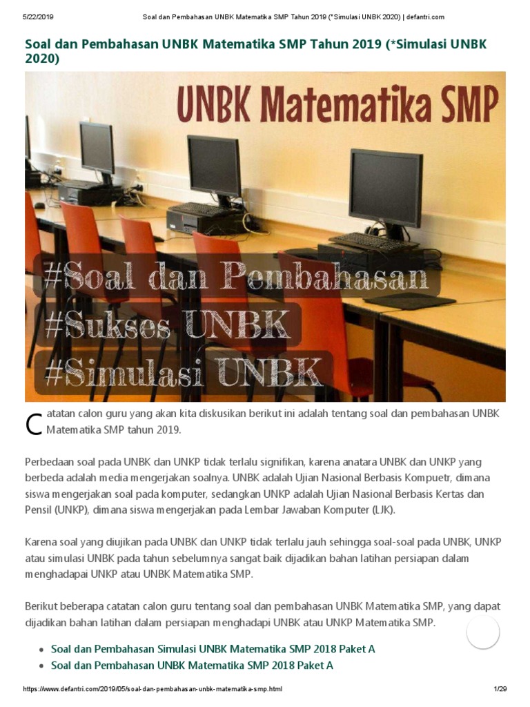 Unbk Matematika Smp Tahun 2019 Sebagai Simulasi Unbk 2020 Soal