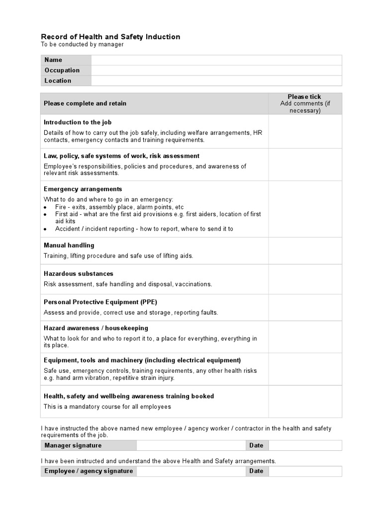Health and Safety Induction Checklist PDF Occupational Safety And