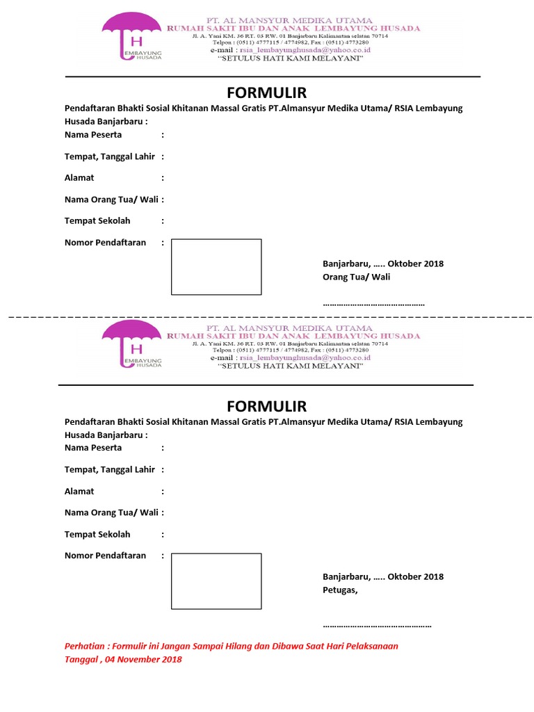 Formulir Perhatian Formulir Ini Jangan Sampai Hilang Dan Dibawa Saat Hari Pelaksanaan Tanggal 04 November 2018