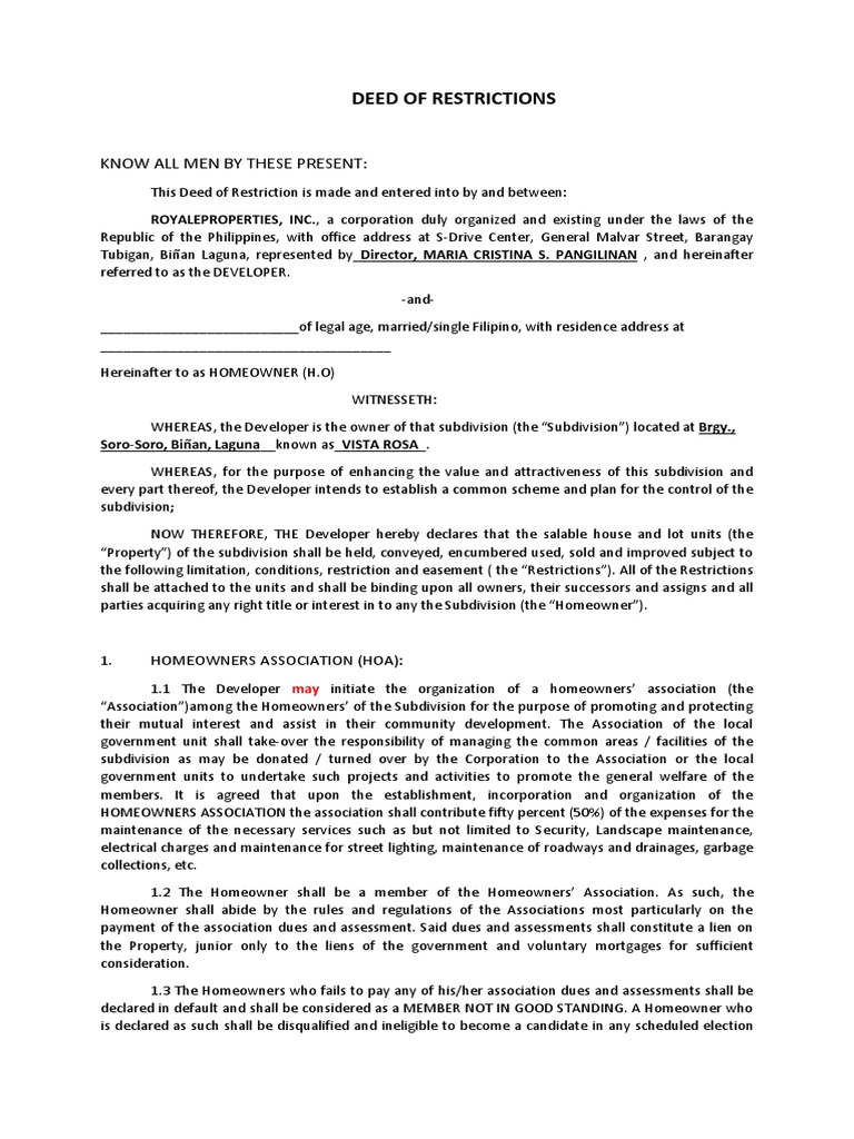 Deed of Restrictions for Vista Rosa Subdivision | PDF | Easement | Nature