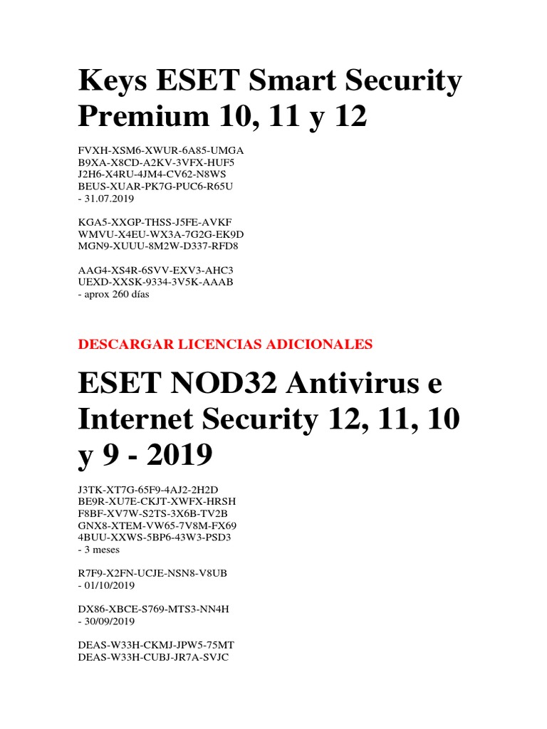 Keys Eset Smart Security Premium 10 | Pdf | Utility Software | Malware