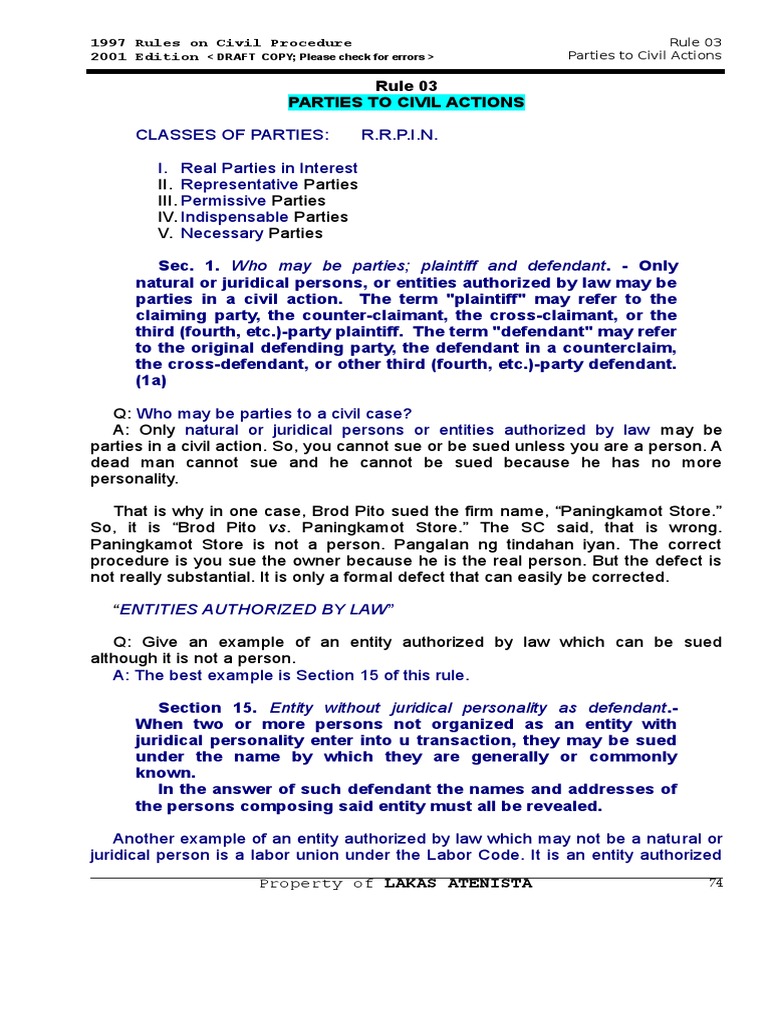 Civil Procedure Rules on Real Parties in Interest PDF Joinder