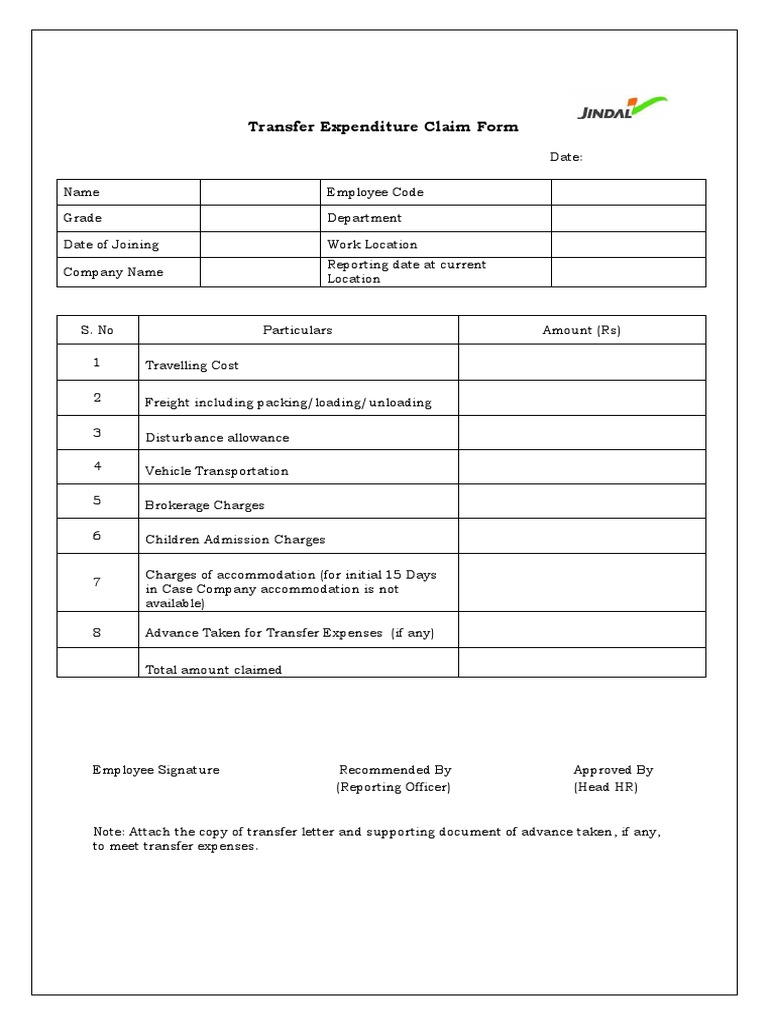 Transfer Expenditure Claim Form | PDF