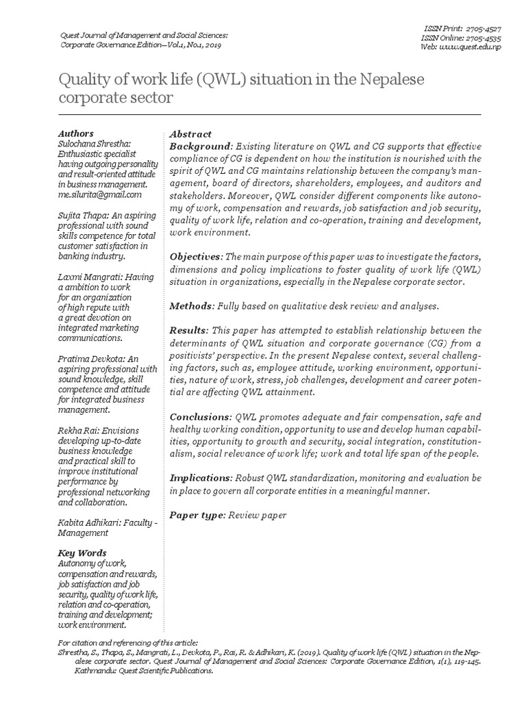Quality of Work Life | PDF | Corporate Governance | Employment